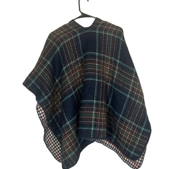 ModCloth Navy Blue Plaid Opened Front Knit Shawl Cardigan Poncho Women Sz OS - Picture 2 of 8